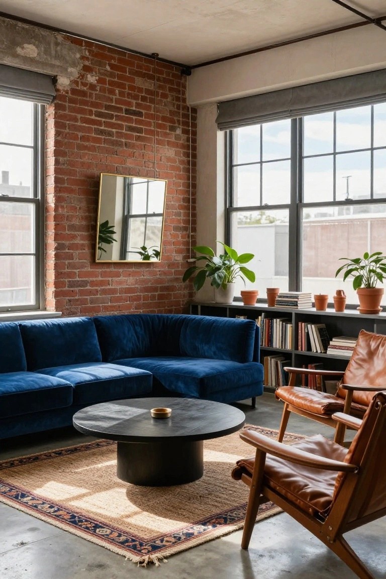Navy blue velvet L-shaped sofa in corner of loft living room with exposed brick walls, large windows with shades, gold-framed mirror, bookshelves holding plants and books, tan leather armchair, black round coffee table on concrete floor.