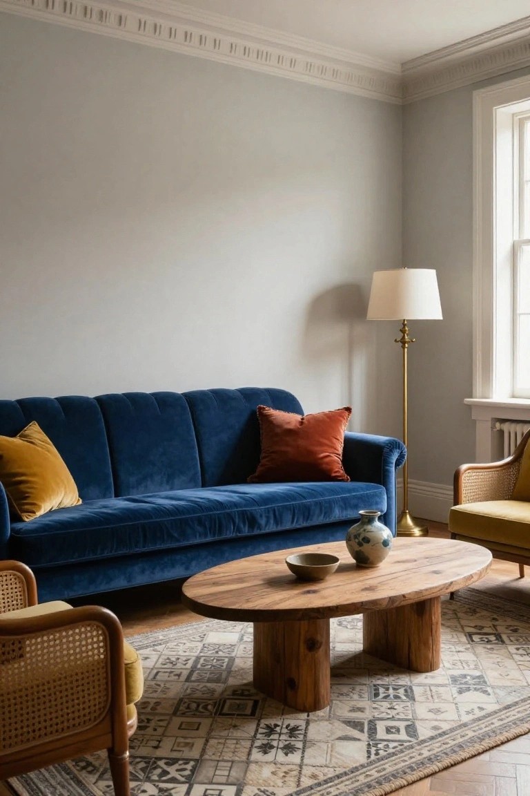 Navy blue tufted velvet sofa with mustard yellow and rust pillows in a light gray living room, flanked by two rattan armchairs with yellow cushions around an oval wooden coffee table on a patterned rug over parquet flooring.