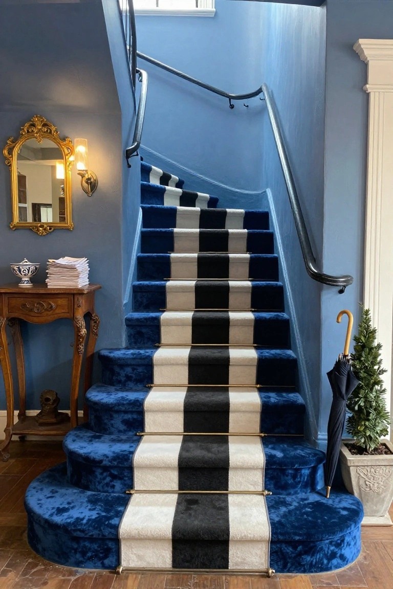 Curved interior staircase with blue velvet carpet on treads and risers, central black-and-white striped runner secured by brass rods, blue walls, gold-framed mirror with sconce, wood console table holding vase and papers, skull sculpture, and corner umbrellas with potted plants.
