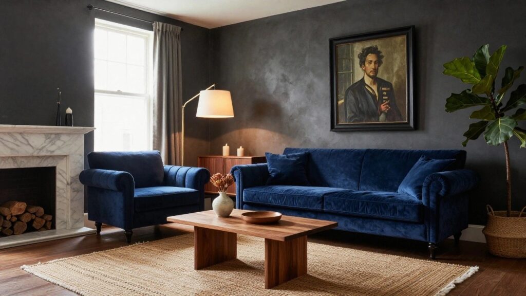 A navy blue velvet tufted Chesterfield sofa in a living room with dark gray walls, white marble fireplace, wooden coffee table, seagrass rug, fiddle leaf fig plant, and portrait painting above the mantel.