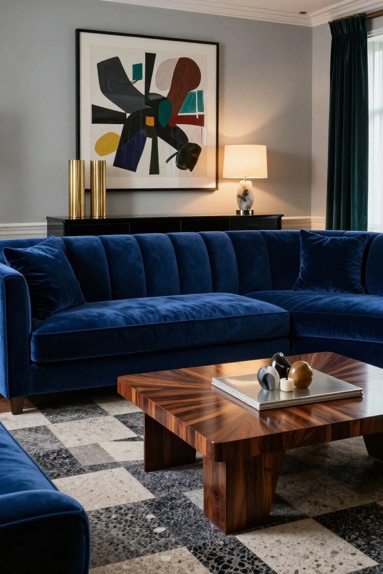 Navy blue tufted velvet L-shaped sectional sofa in a living room with burled wood coffee table holding sculptures and tray, abstract geometric wall art, brass vases on black credenza, white lamp, dark green curtains, and checkered stone rug.