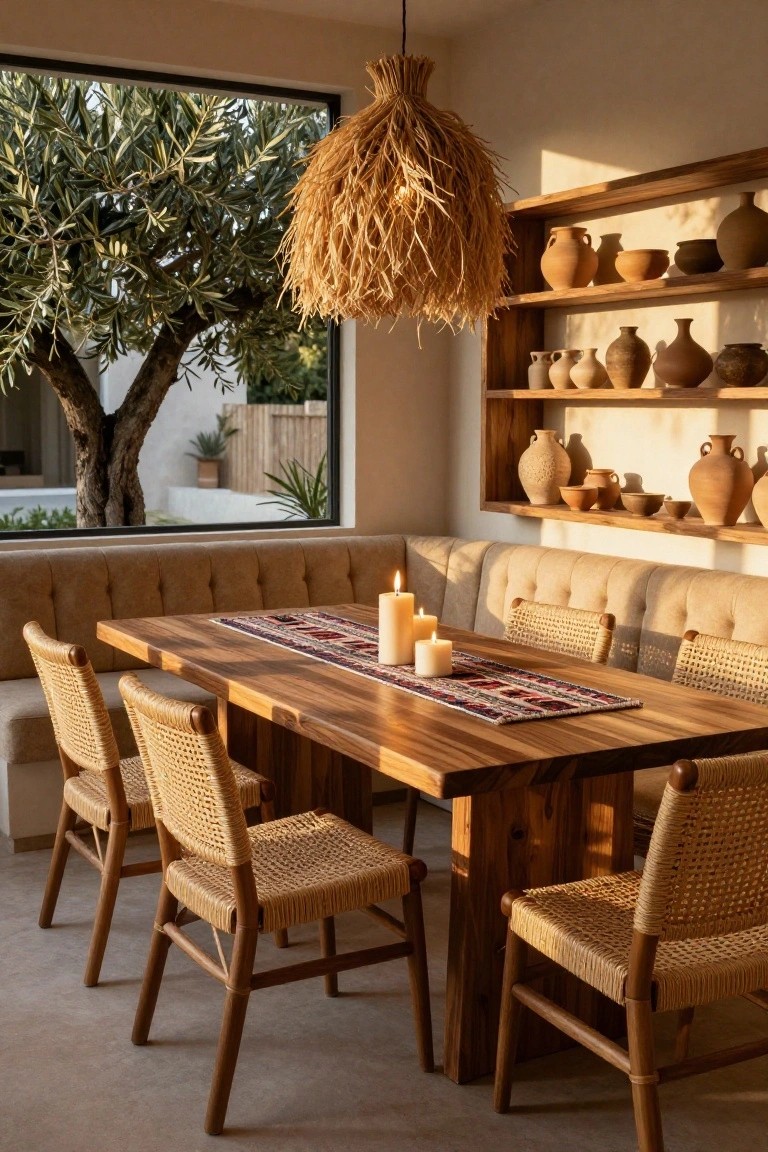Dining area with rectangular wooden table covered in colorful runner and candles, beige tufted banquette seating along beige wall, rattan chairs, fiber hanging lamp overhead, pottery on wooden shelves, and large window view of olive tree and garden.