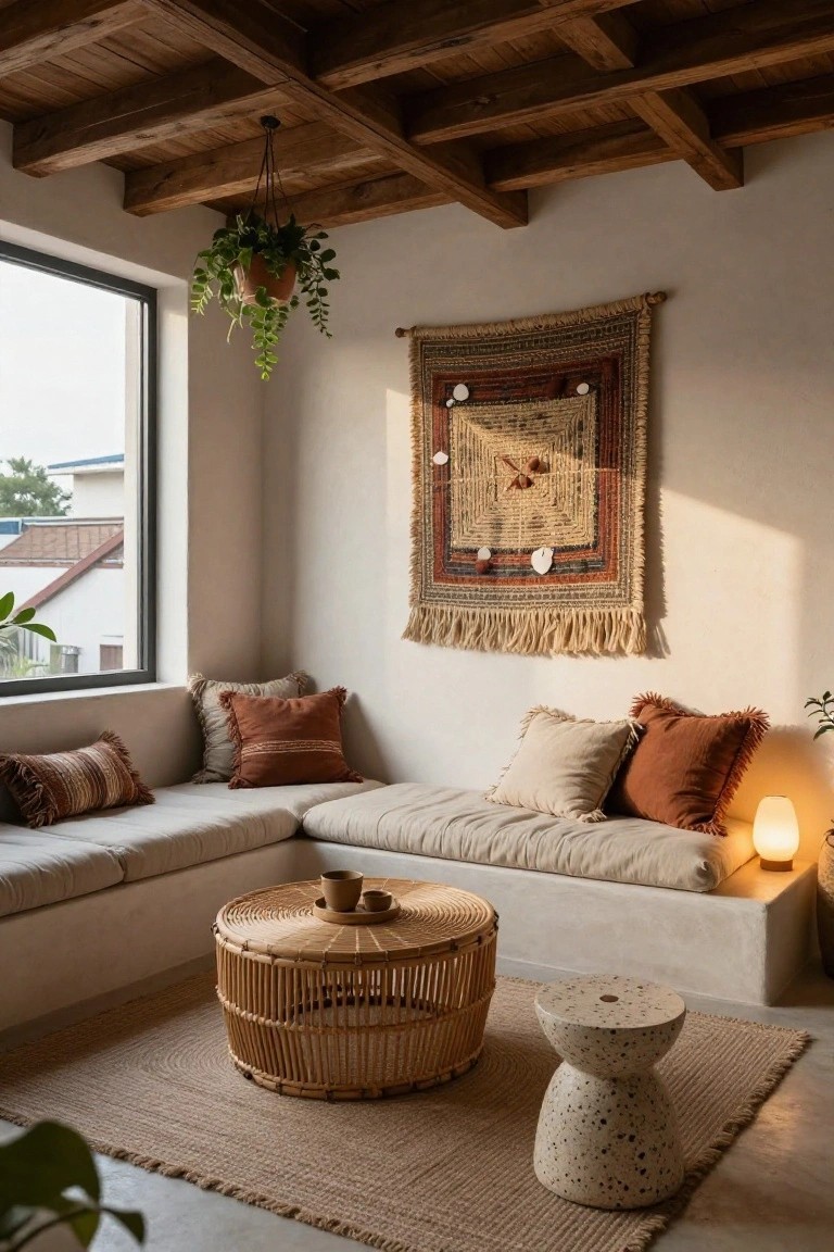 Light beige L-shaped low sofa with assorted fringed cushions in a room with wooden ceiling beams, rattan coffee table, woven rug, hanging plant, tapestry on wall, small lamp, and window showing exterior houses.