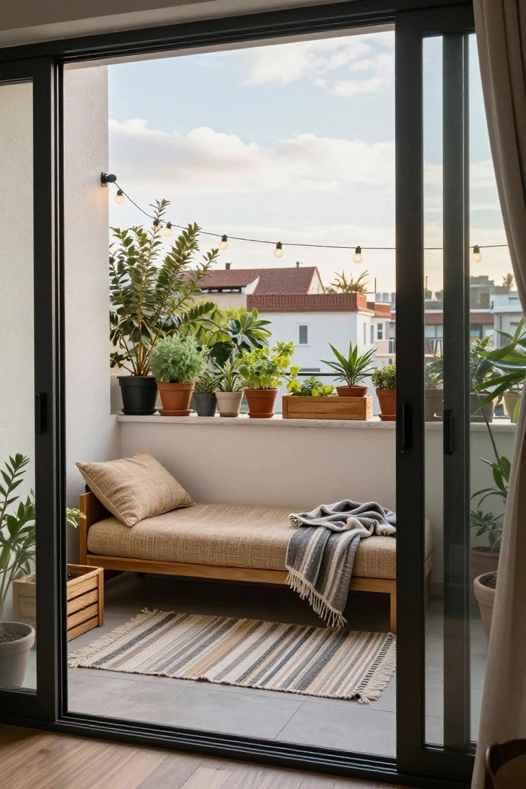 Sliding glass doors open onto a balcony featuring a low wooden daybed with beige cushions and a gray striped throw, surrounded by various potted plants, a striped outdoor rug, string lights, and views of neighboring buildings.