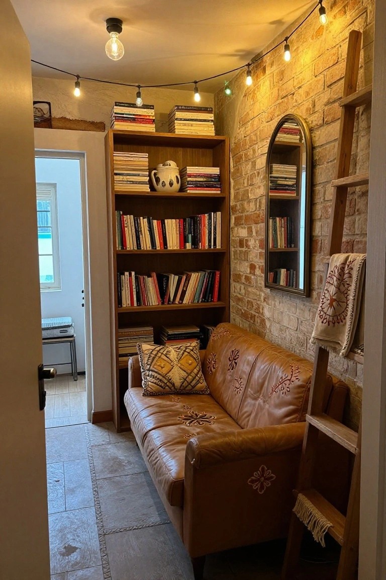 A narrow indoor room with exposed brick walls, wooden bookshelves filled with books, a brown embroidered leather sofa with patterned pillows, string lights, a wall mirror, a hanging towel, and a wooden ladder.