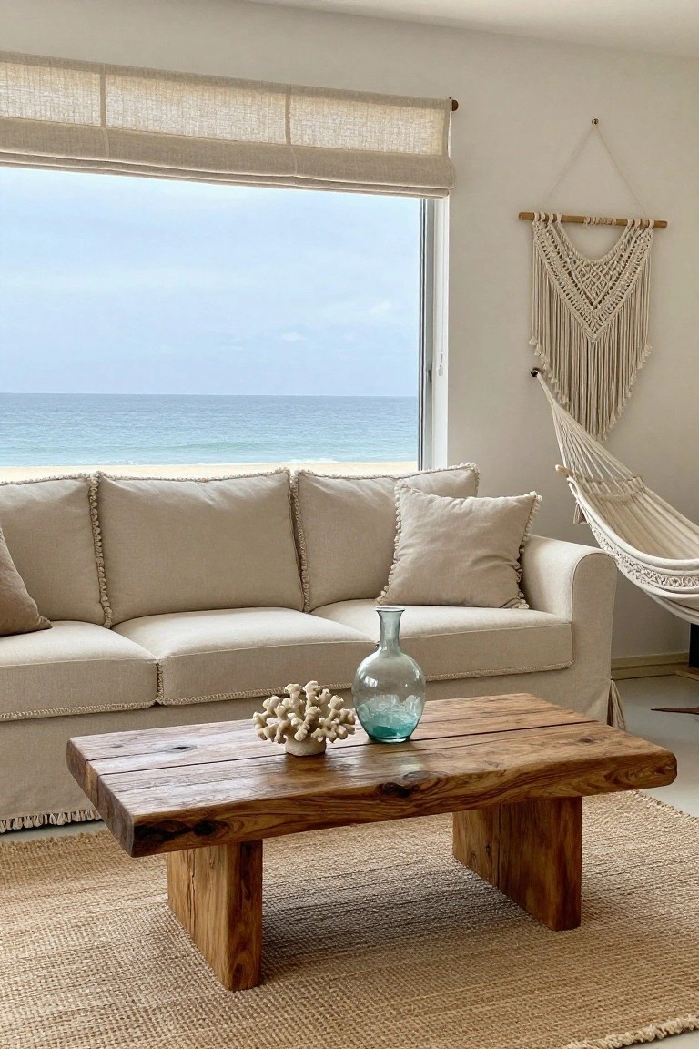 Beige slipcovered sofa with fringe trim on a low wooden coffee table featuring coral and a glass vase, in a light boho living room with ocean view through large windows, macrame hanging, and hammock.