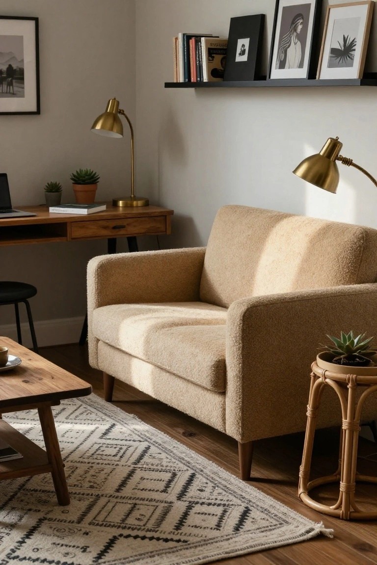 Cream textured boucle two-seater sofa in a light gray corner room with wooden desk, black stool, gold arc lamps, floating black shelves holding books and framed art, potted succulents, rattan side table, and black-and-white geometric rug on wood floors.