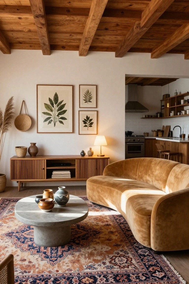 Living room with curved mustard velvet sofa, slatted wooden credenza, concrete coffee table topped with ceramic pots, woven rug, potted plants, botanical wall art, rattan basket, and open kitchen with wood cabinets in background under wooden beam ceiling.