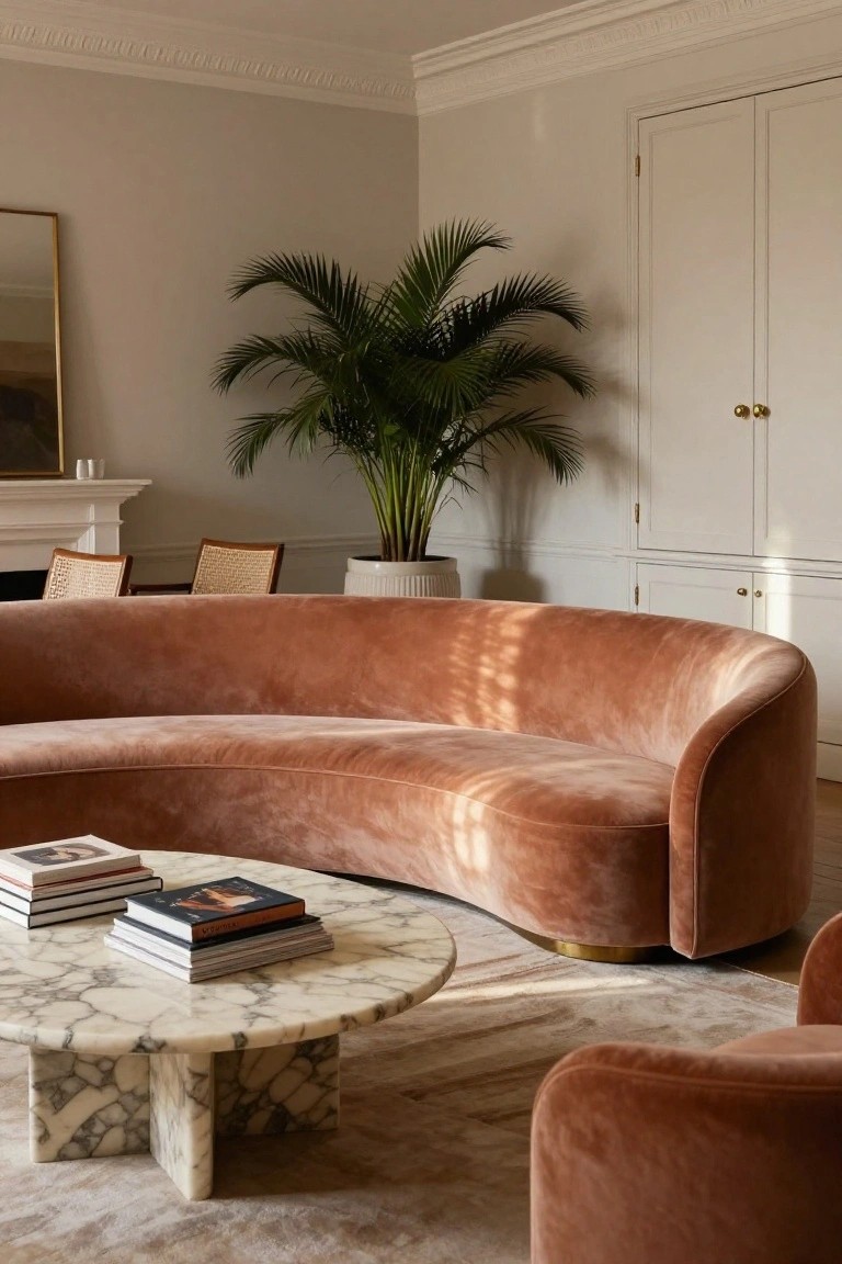 Curved rust-colored velvet sofa in a beige living room with white marble coffee table, stacked books, large potted palm plant, rattan chairs, and neutral walls near a fireplace.