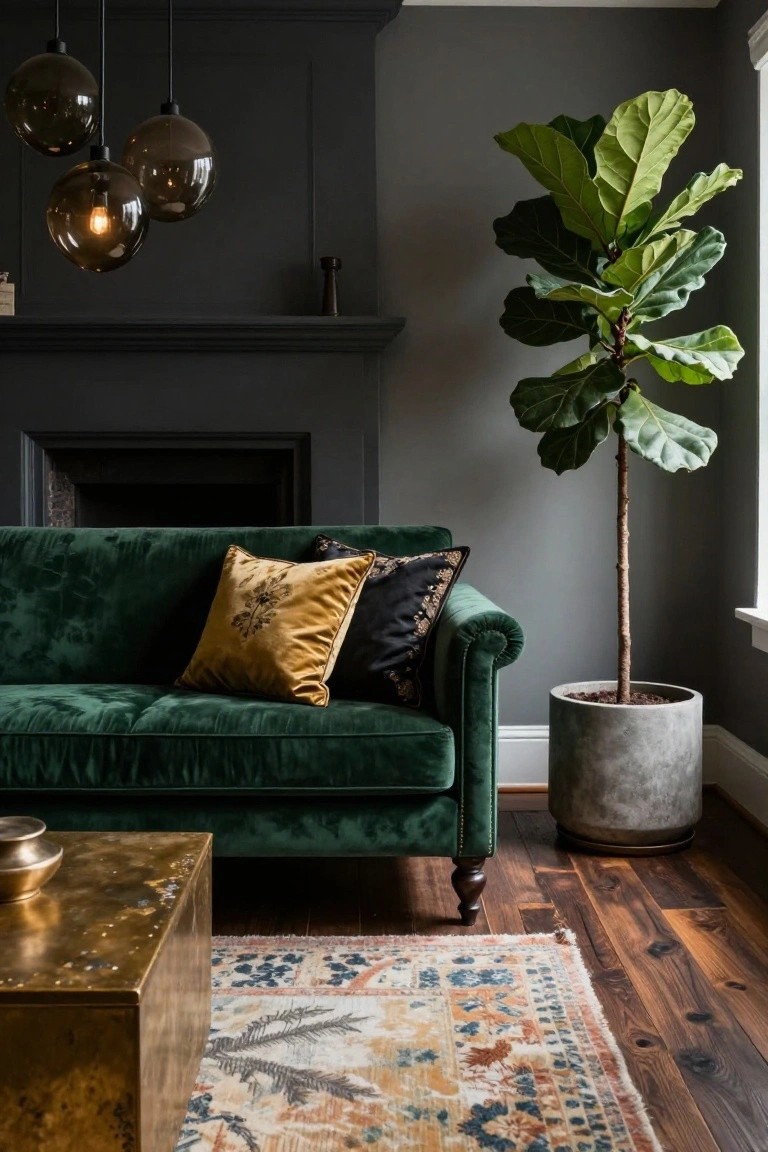 Green velvet tufted sofa with yellow and black pillows on a living room with brass coffee table, large potted plant, fireplace, gray walls, and wood floors.