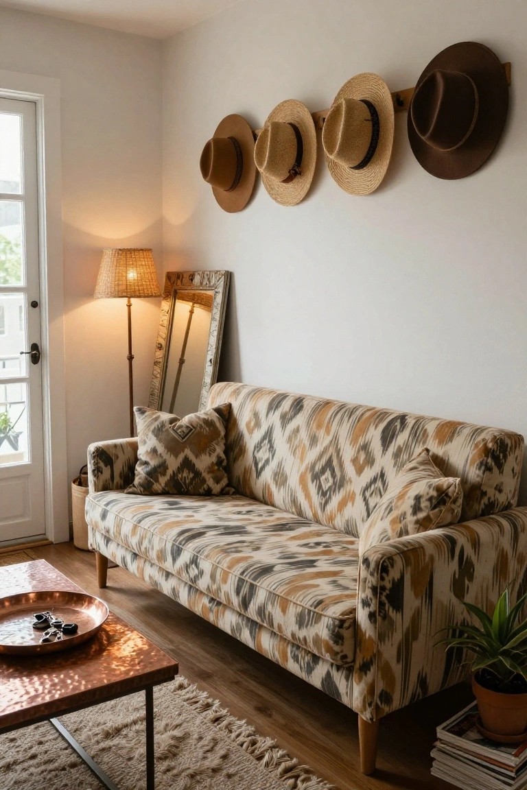 Living room corner with beige and brown ikat-patterned sofa, four hats hanging in a row on the wall, rattan floor lamp beside a tall mirror, copper tray on wood coffee table, and potted plant.