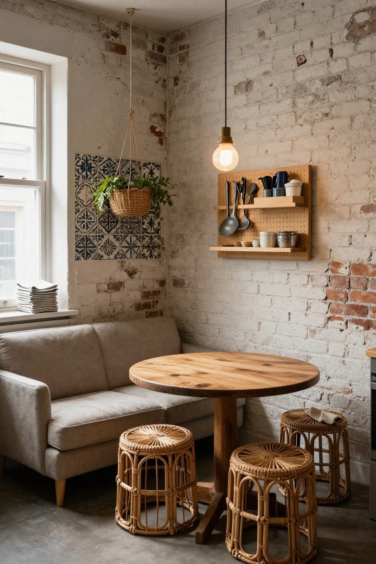 Cozy kitchen nook with beige sofa, round wooden table, four rattan stools, exposed brick walls, wooden shelves holding utensils, hanging plant basket, and pendant light.