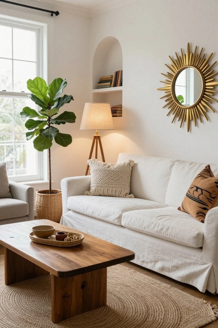 Bright living room with white sofa, wooden coffee table, fiddle-leaf fig, and sunburst mirror.