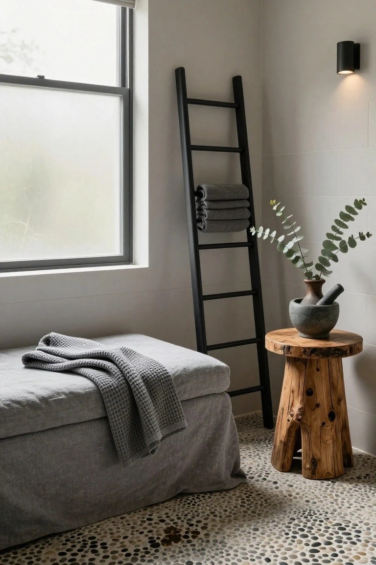 Gray linen-covered bench with draped textured gray throw in a bathroom corner, beside a rustic wooden stool holding a stone mortar and pestle with eucalyptus branches, black towel ladder, pebble tile floor, and frosted window.