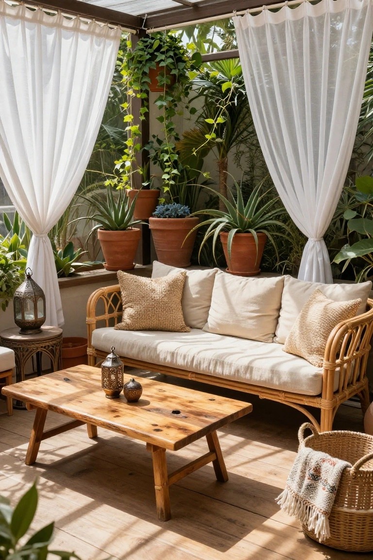 Beige rattan sofa with cream cushions and textured pillows on a wooden deck, surrounded by potted plants, sheer white curtains, lanterns, and a rustic wood coffee table under a pergola structure.