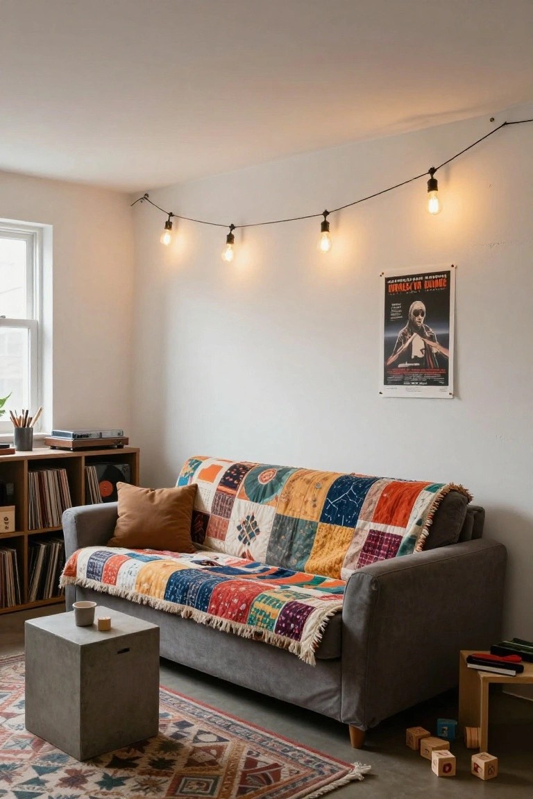 A gray sofa draped with a multicolored patchwork quilt in a white room with bookshelves of vinyl records, a turntable, string lights overhead, a movie poster on the wall, a side table with candles, and wooden blocks on a patterned rug.
