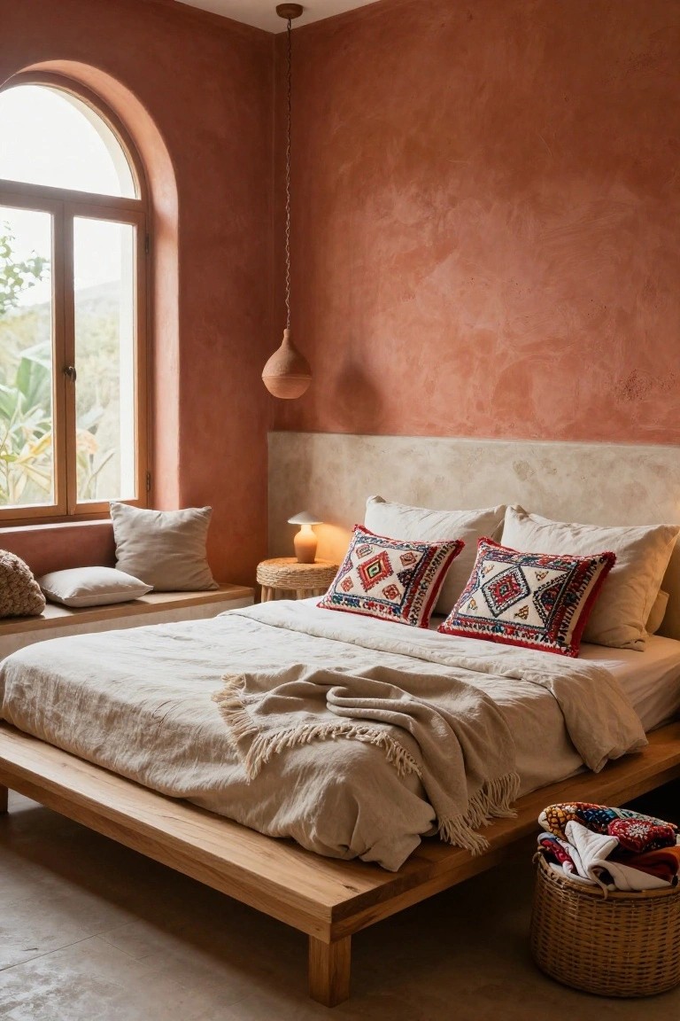 Bedroom corner with textured terracotta walls, arched window with wooden frame overlooking greenery, low wooden platform bed draped in white linen and fringed throws, colorful kilim pillows, side table with lamp, and wicker basket of blankets on concrete floor.