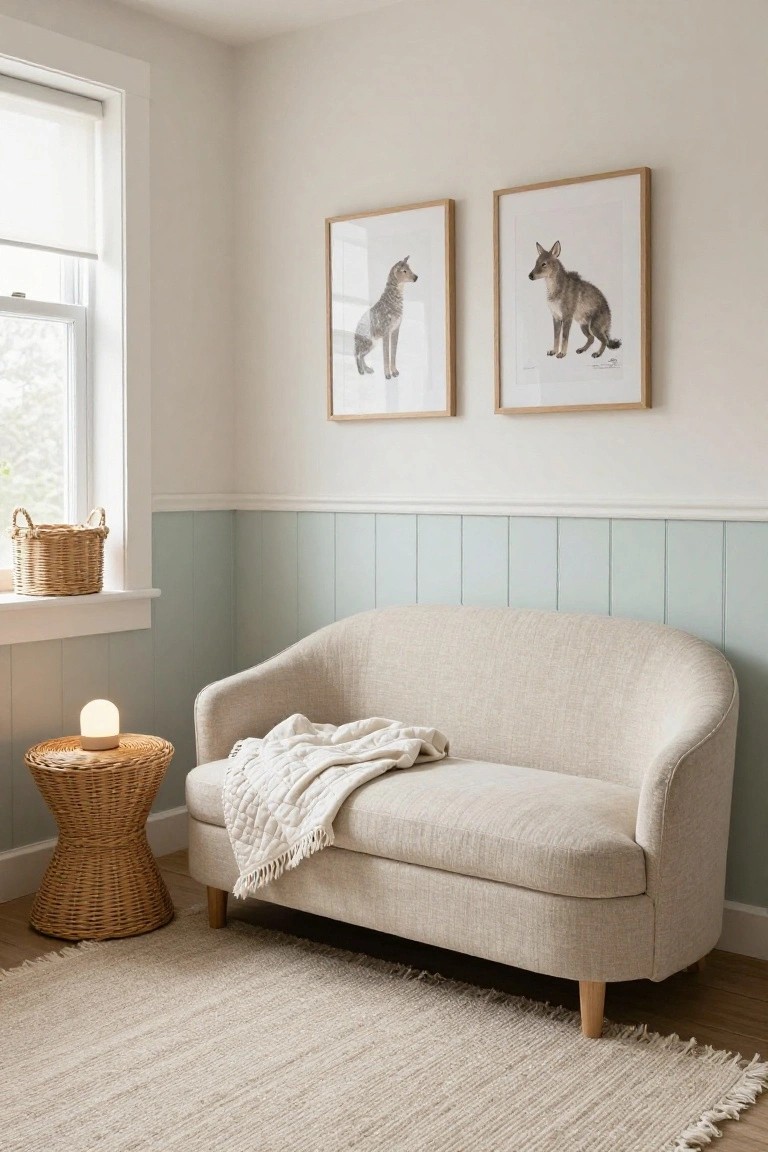 Beige curved loveseat with textured fabric and cream knit throw blanket beside a wicker table and lamp in a room with light blue wainscoting, framed dog artwork, and a seagrass rug.