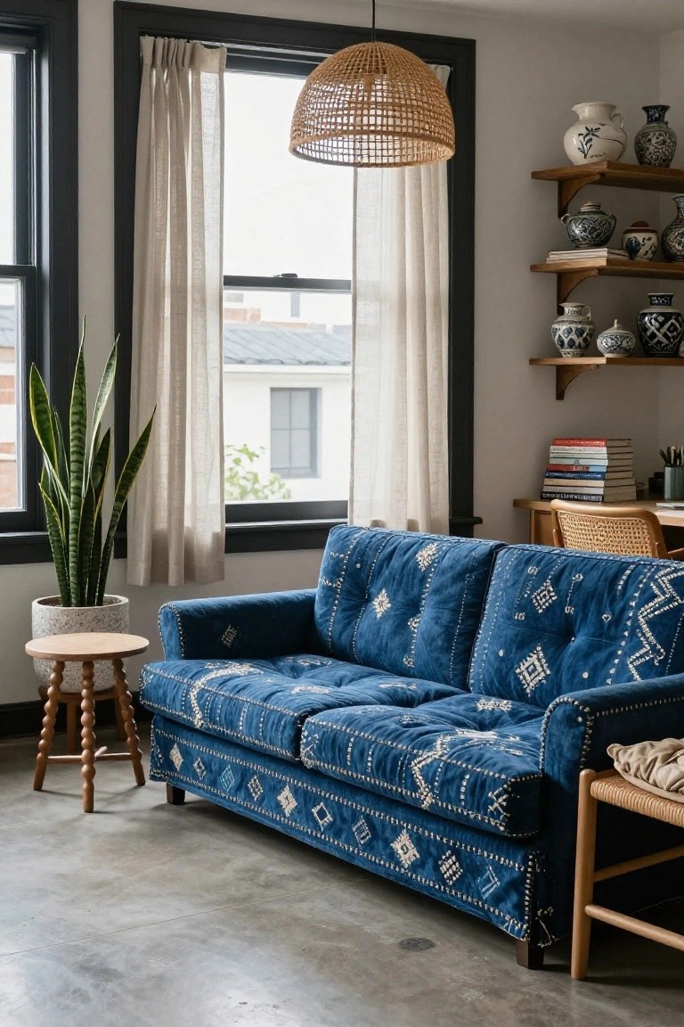 Living room interior with navy blue tufted sofa featuring white embroidery, tall potted snake plant, rattan hanging light, wooden shelves holding blue and white ceramics, and a small desk with books.