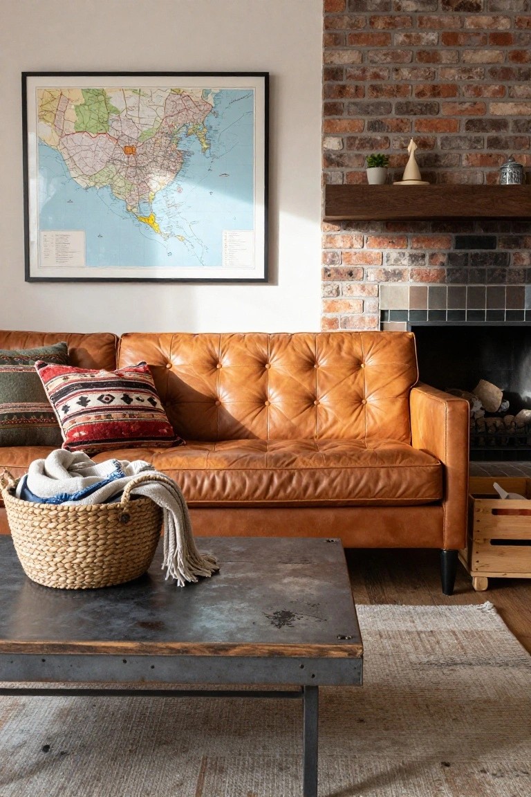 Tan tufted leather sofa in a living room featuring a brick fireplace, framed world map on the wall, metal coffee table with wicker basket holding folded blankets, and colorful patterned pillows.