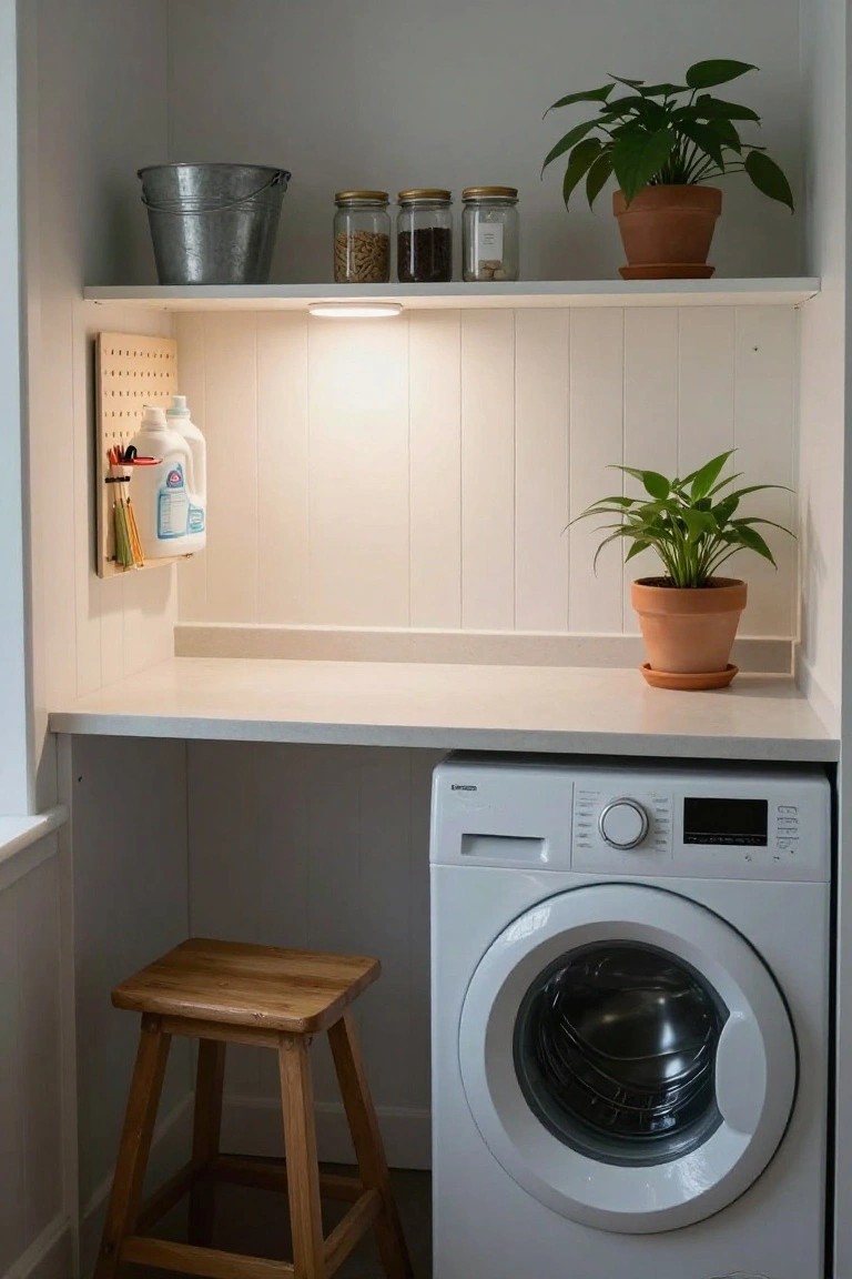 Compact laundry nook with washing machine, wooden stool, and potted plants.