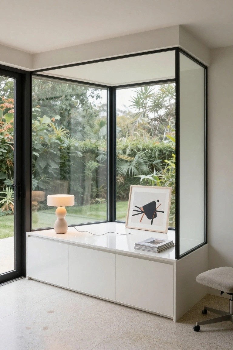 Modern room with large windows, white bench, lamp, and abstract art.