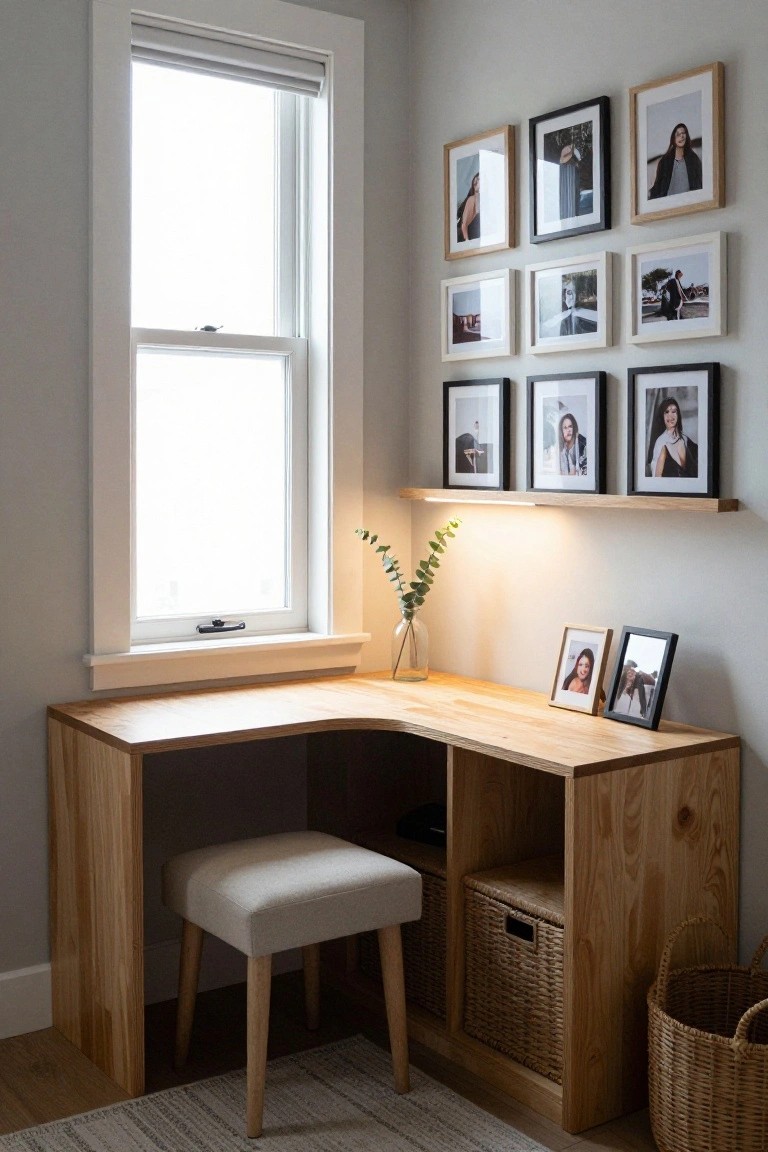 Wooden corner desk with stool, framed photos, and woven baskets.