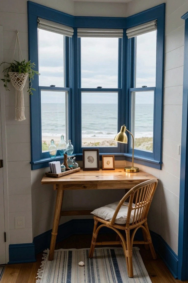 Coastal nook with blue bay window, wooden desk, and rattan chair.