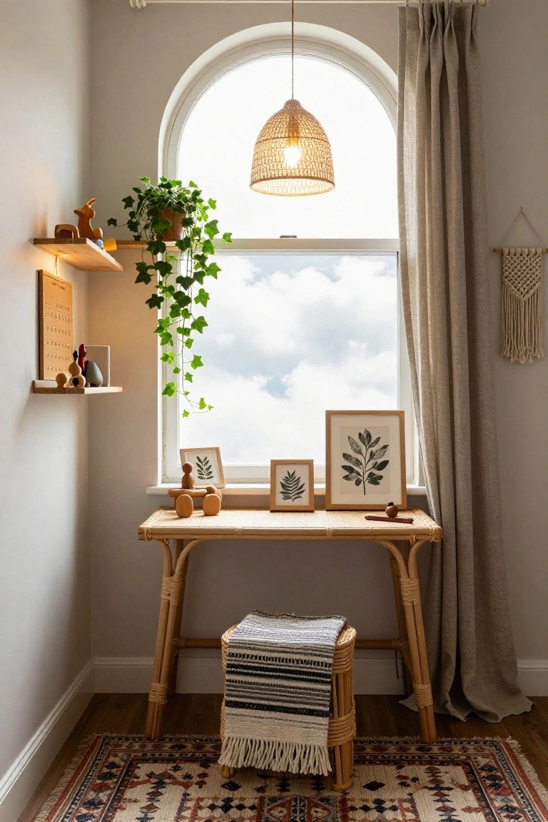A light wood desk with a woven stool placed directly in front of a large arched window, with framed prints on the desk and a hanging plant to the side.