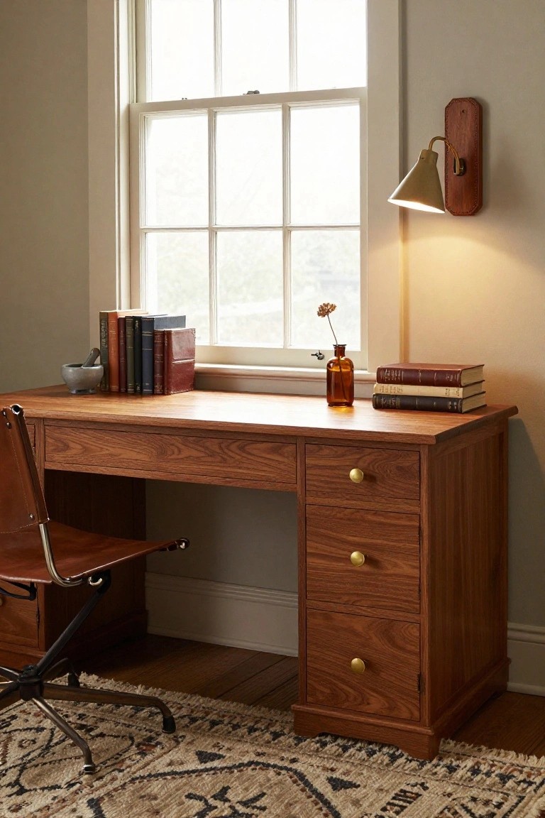 A wooden desk with three drawers sits under a large window, accompanied by a brown leather office chair and stacks of books on the surface.