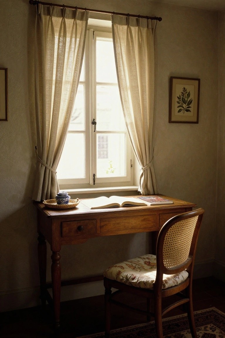 Sunlit wooden desk with open book, woven chair, and curtained window.