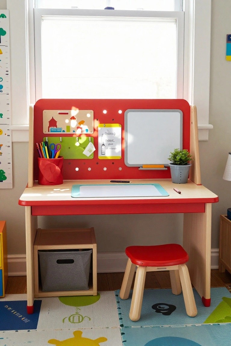 Colorful children's red desk with stool, whiteboard, and storage bins.