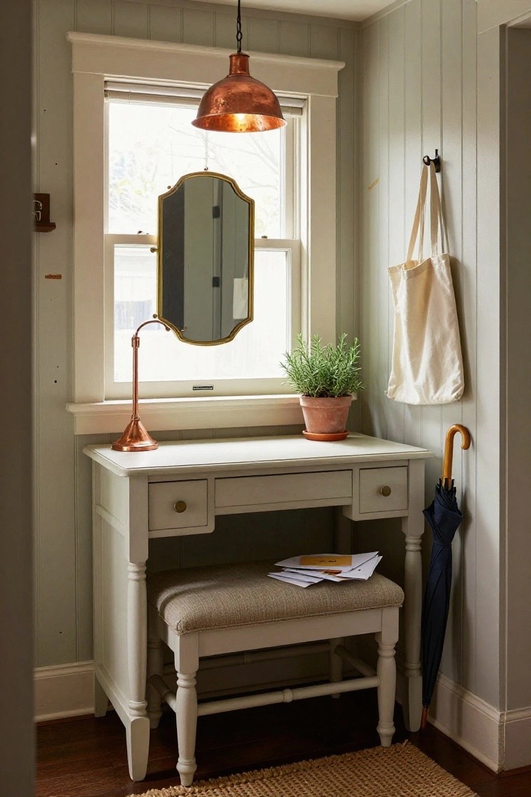 White desk with mirror, copper lamp, stool, and hanging tote bag.