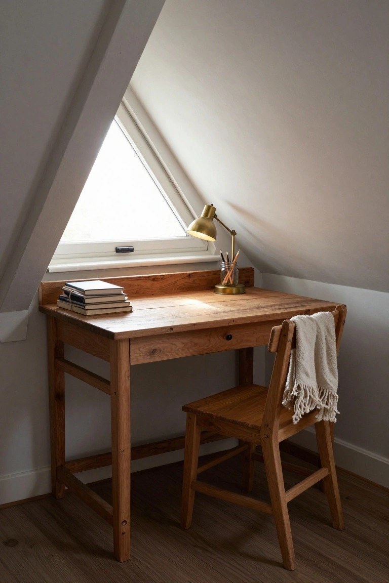 A wooden desk with a chair is placed under a triangular window in an attic-style room.