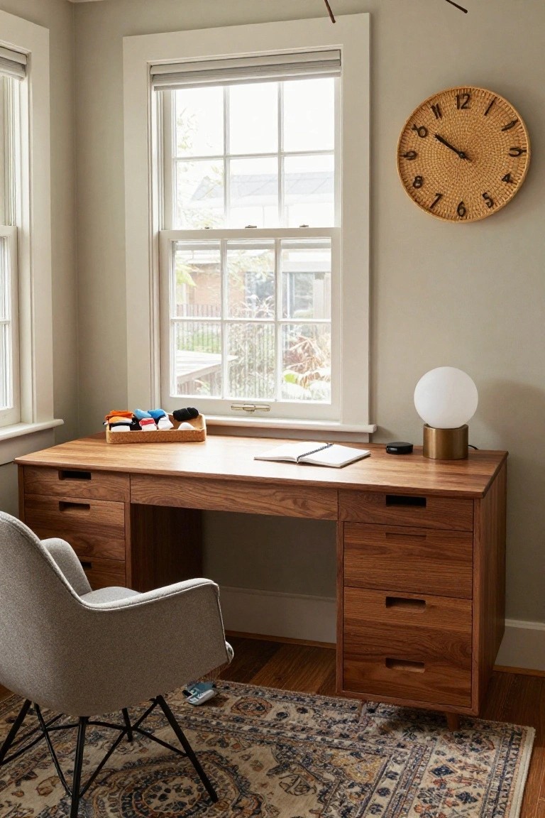A wooden desk with multiple drawers sits under a large white window in a home office, accompanied by a gray upholstered chair on a patterned rug.