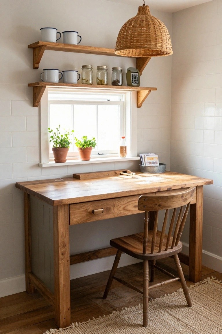 Rustic wooden desk with chair under window and shelves.