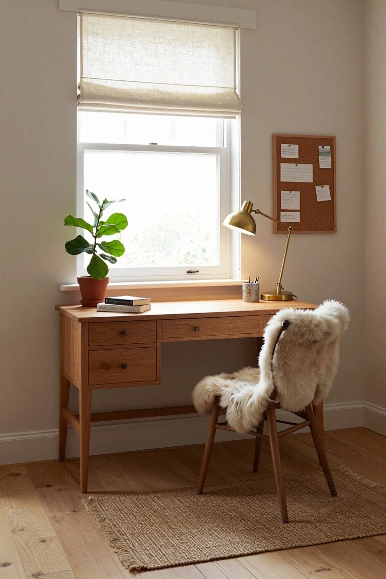 Wooden desk with chair, plant, lamp, and corkboard by window.