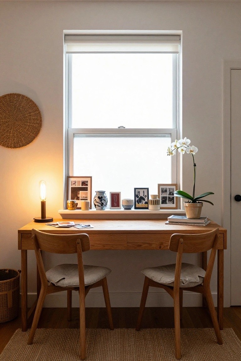 Wooden desk with two chairs beneath a bright window with decor.