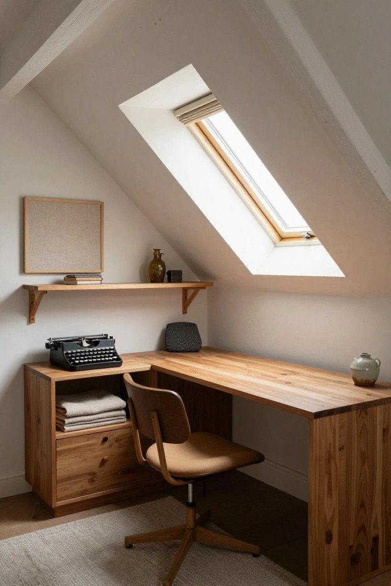 A wooden L-shaped desk with a swivel chair sits beneath a large skylight in an attic room, with a typewriter on the left side and a floating shelf on the wall.