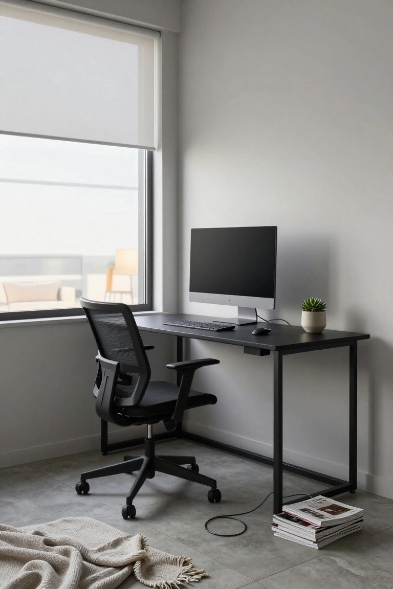 A black desk with a computer monitor sits under a large window in a minimalist room, with a black office chair and a stack of magazines nearby.