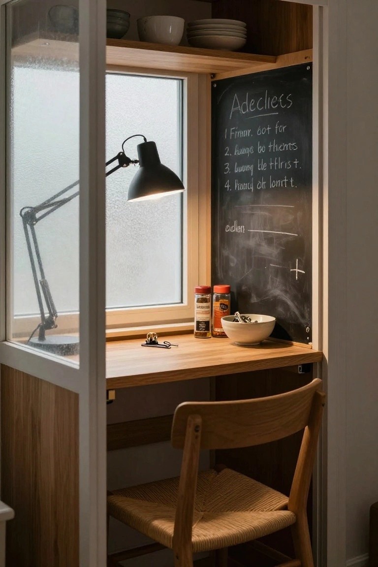 A small wooden desk with a black lamp is positioned under a frosted window beside a chalkboard wall, with a wooden chair pulled up in front.