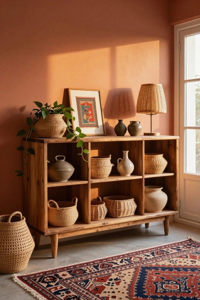 A wooden sideboard against a terracotta wall holds woven baskets, ceramic vases, a framed artwork, and two lamps, with a patterned rug on the floor in front.