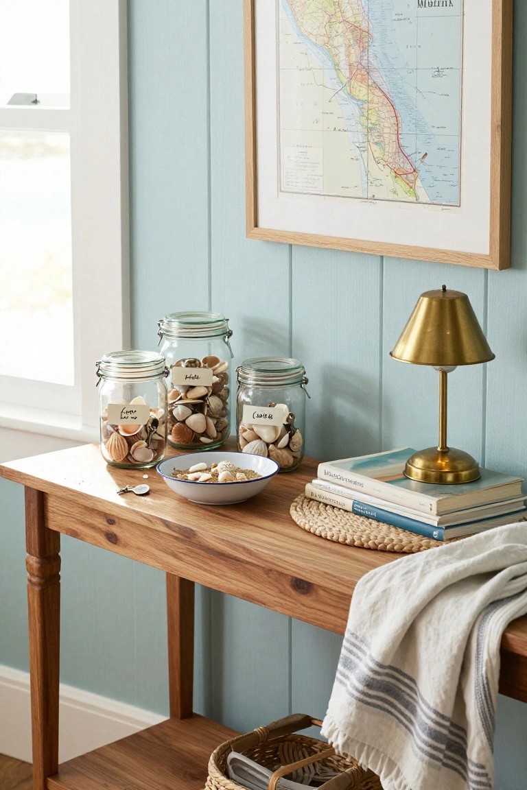 A wooden console table against light blue paneling holds three labeled glass jars of seashells, a small bowl, stacked books, and a brass lamp.