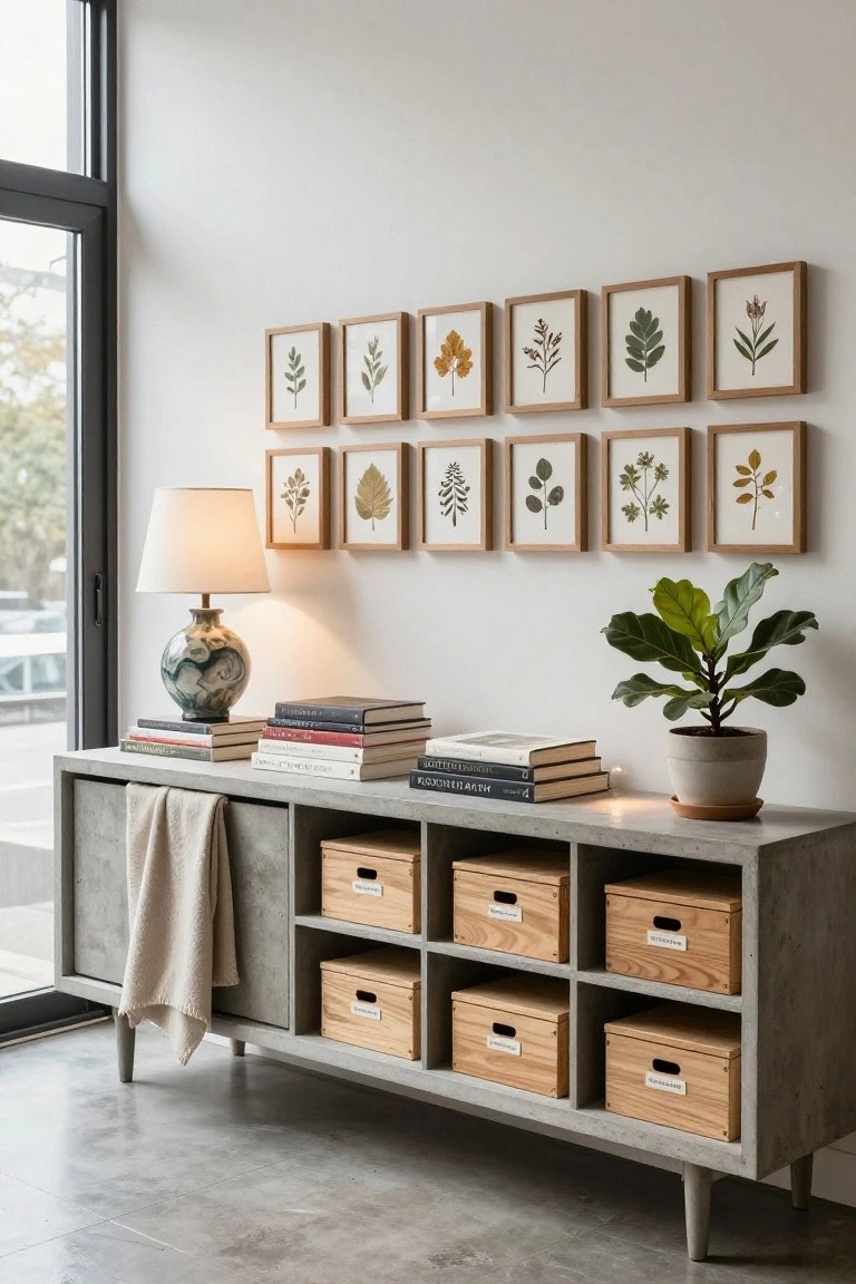 A long concrete sideboard with wooden storage boxes inside open cubbies, books and a lamp on top, and a row of framed botanical prints on the wall above.