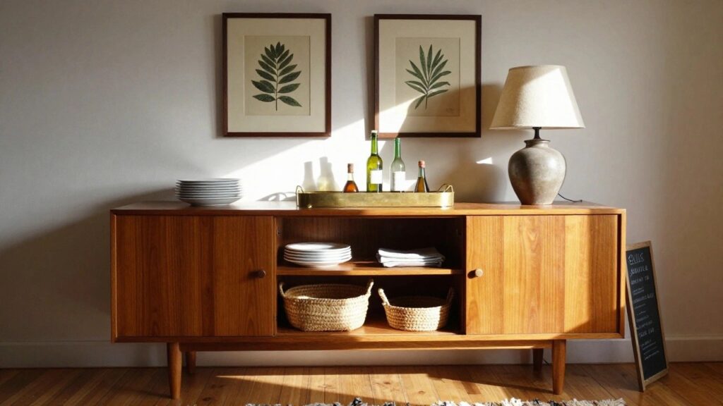 18 Brilliant Sideboard Organization Ideas for Everyday Function A wooden mid-century sideboard with open lower shelves holding two woven baskets, a central drawer, closed cabinets on both sides, and dining items arranged on top beneath two framed botanical prints.