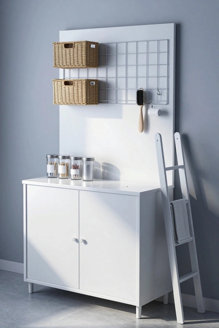 A white sideboard with a metal grid panel mounted on the wall above it, holding two woven baskets, a hairbrush, and a roll of paper, with glass jars on the cabinet top and a white ladder leaning against the side.