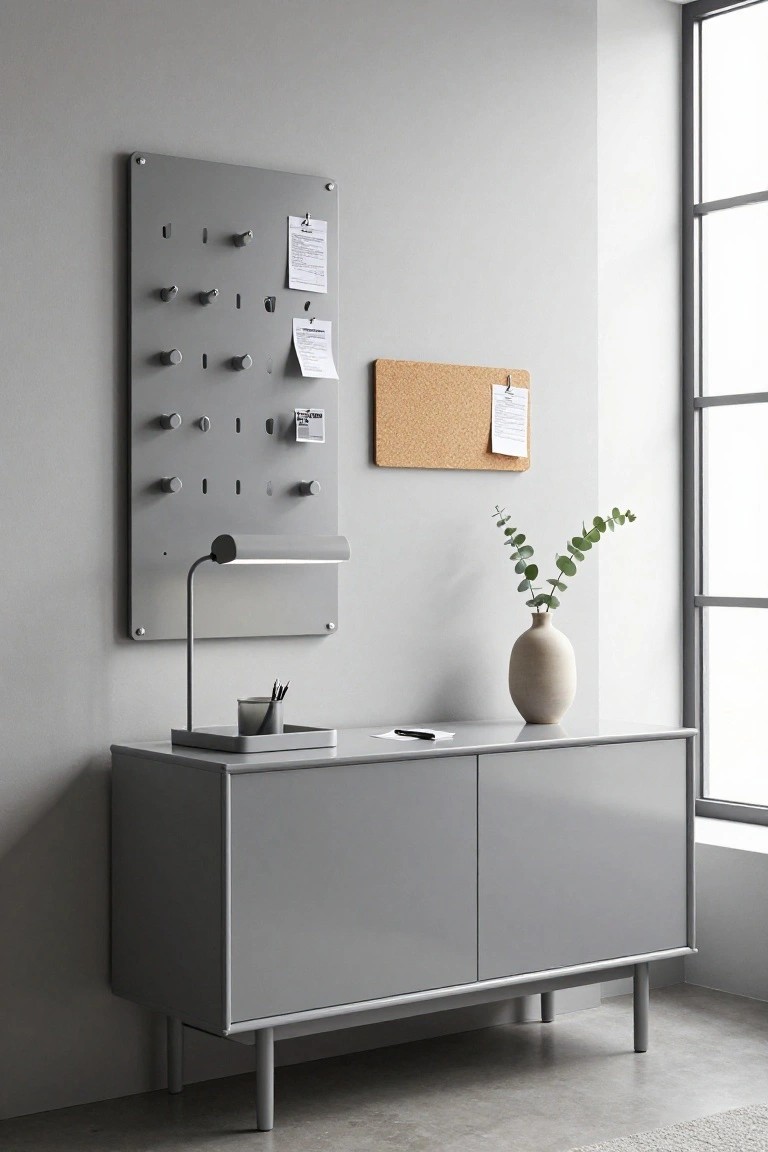 A gray sideboard cabinet with a matching pegboard panel mounted on the wall above it, holding papers and small hooks, next to a corkboard and a vase with greenery.