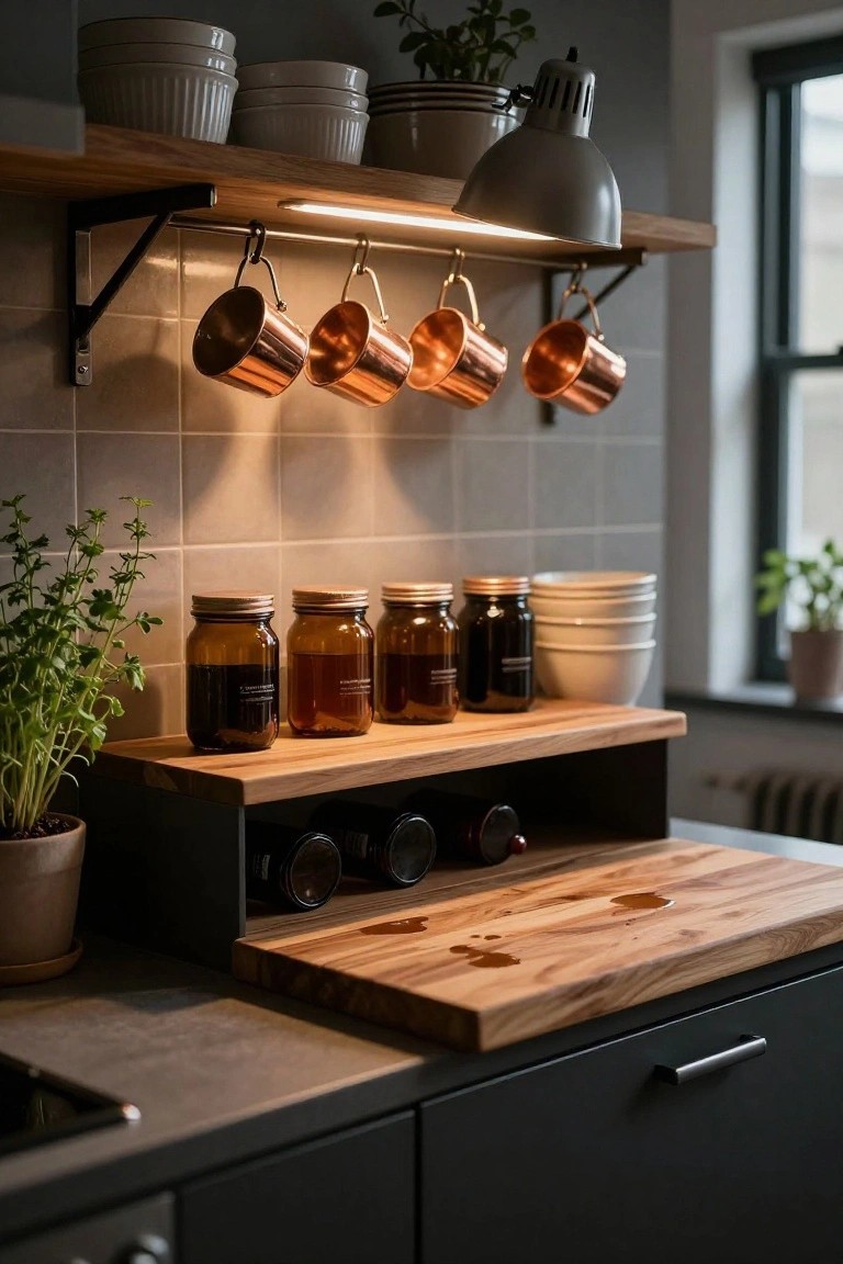 A kitchen scene showing wooden shelves with hanging copper mugs, glass jars on the shelf, bottles stored below in compartments, and a wooden cutting board on the counter.