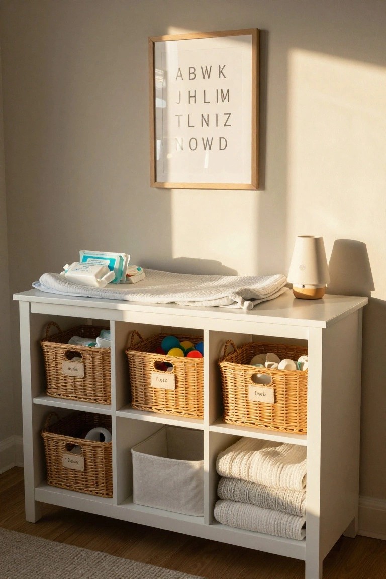 A white sideboard with open shelves contains labeled wicker baskets holding baby clothes, toys, bath items, and diapers, with a changing pad and supplies on top.