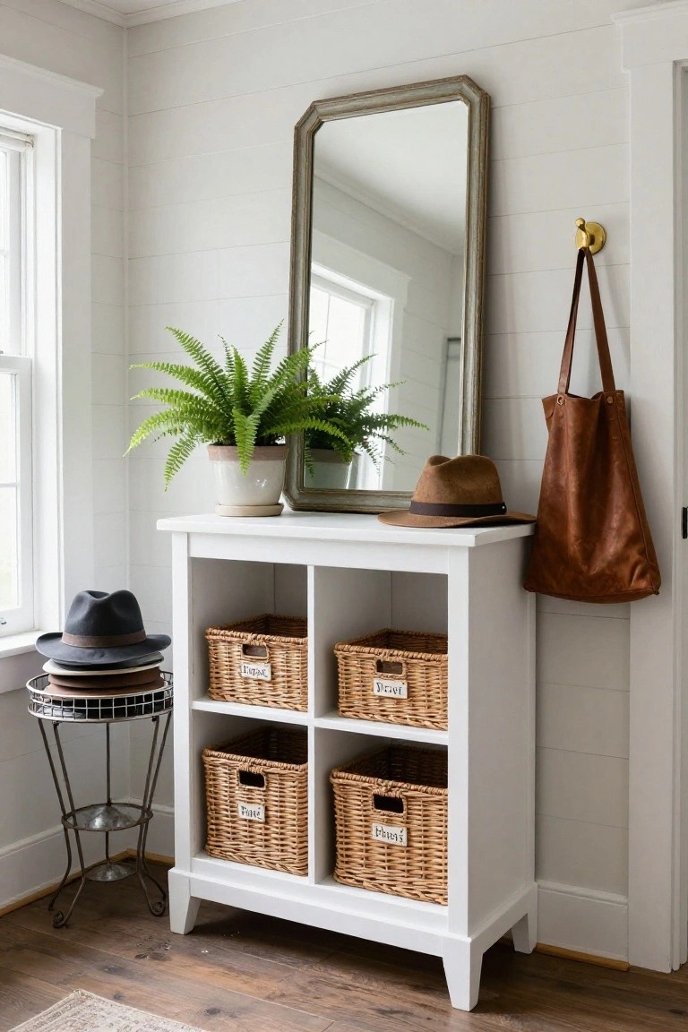 White console with baskets and mirror, fern, hats, and leather bag.